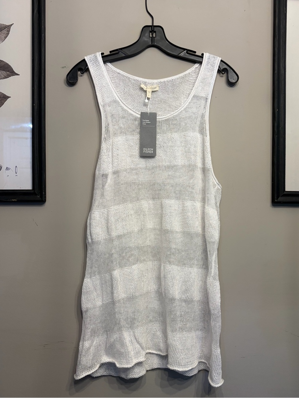 NWT Eileen Fisher Sheer White Striped Crochet Linen Knit Tank Size M